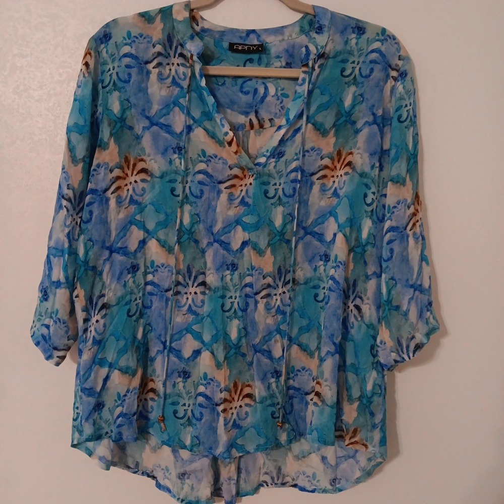 AP•NY Women's V-neck Blouse Sz. L Blue‎ & Multi-Color Print  Front Tie Tassels